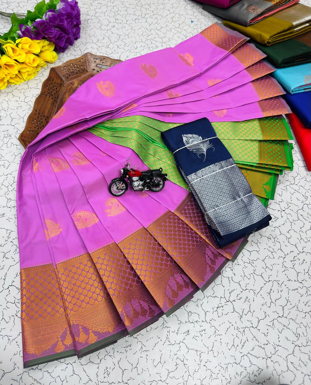 Lilac Paisley Butta Kanchi Border Soft Silk Saree