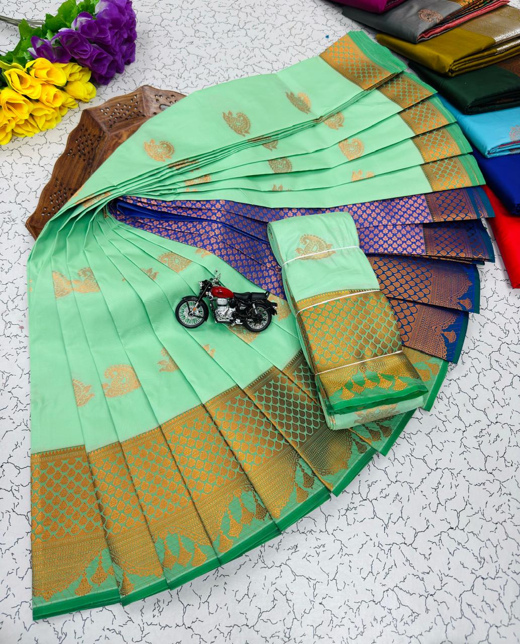 Mint Green Paisley Butta Kanchi Border Soft Silk Saree