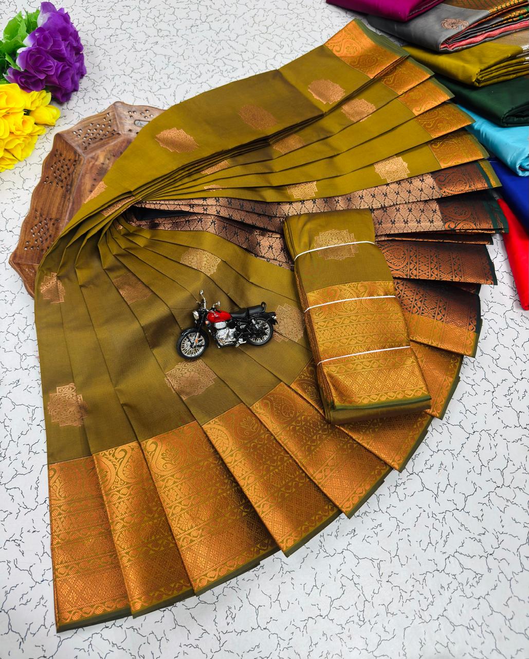 Olive Paisley Butta Kanchi Border Soft Silk Saree