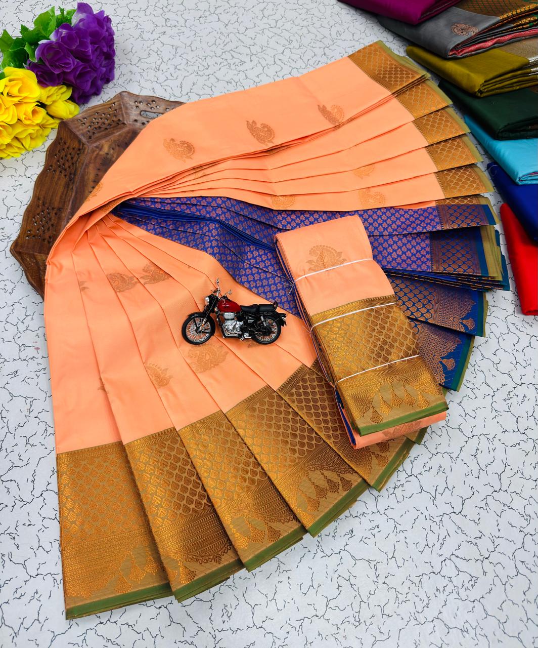 Peach Paisley Butta Kanchi Border Soft Silk Saree
