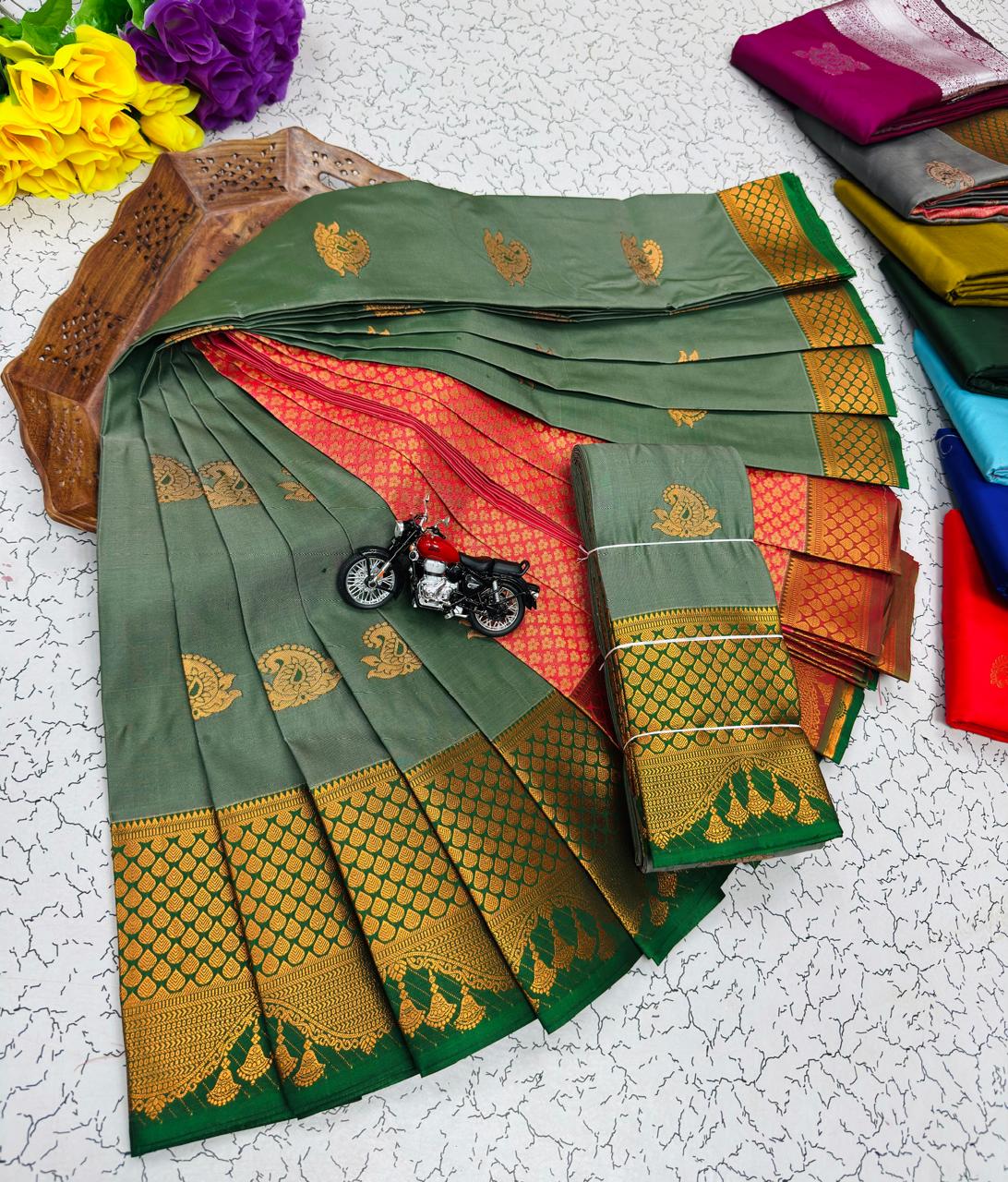 Sage Green Paisley Butta Kanchi Border Soft Silk Saree
