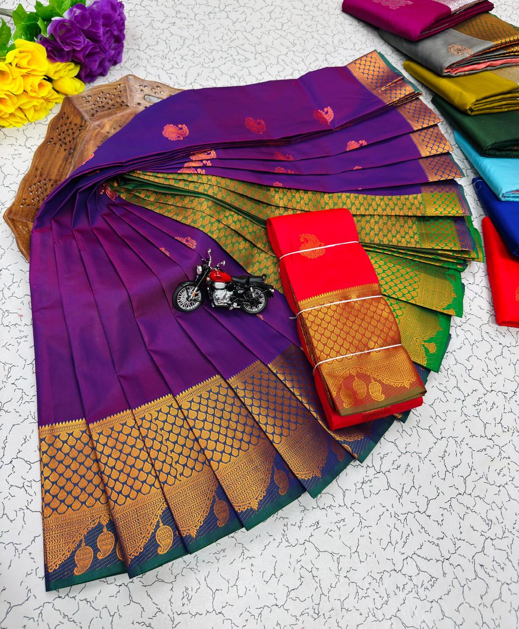 Violet Paisley Butta Kanchi Border Soft Silk Saree