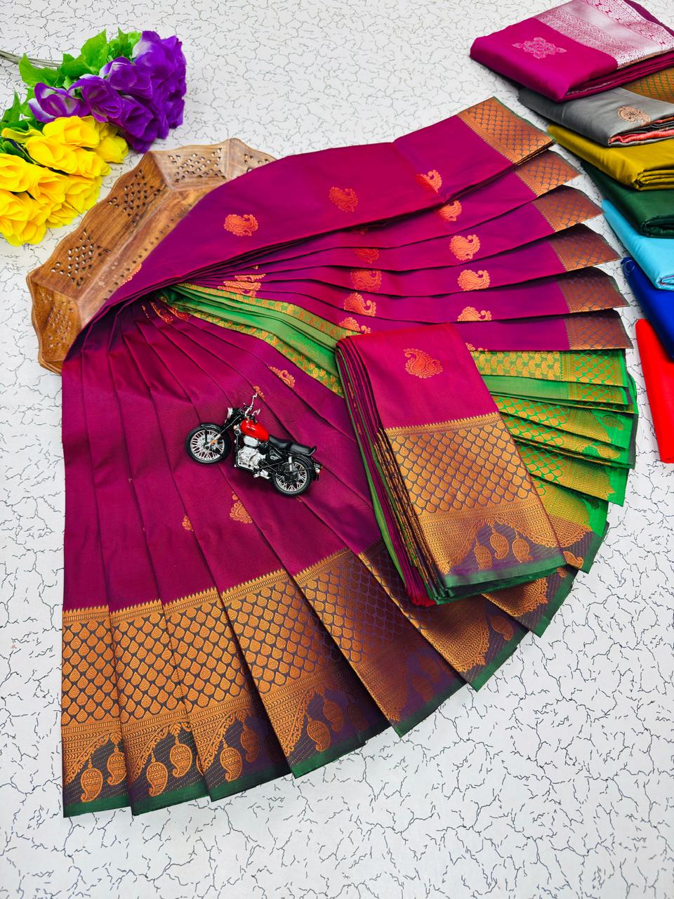 Wine Magenta Paisley Butta Kanchi Border Soft Silk Saree