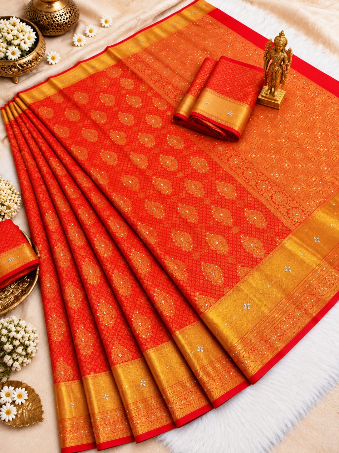 Kanchi HandStone Work Pure Red Semi Pattu Sarees