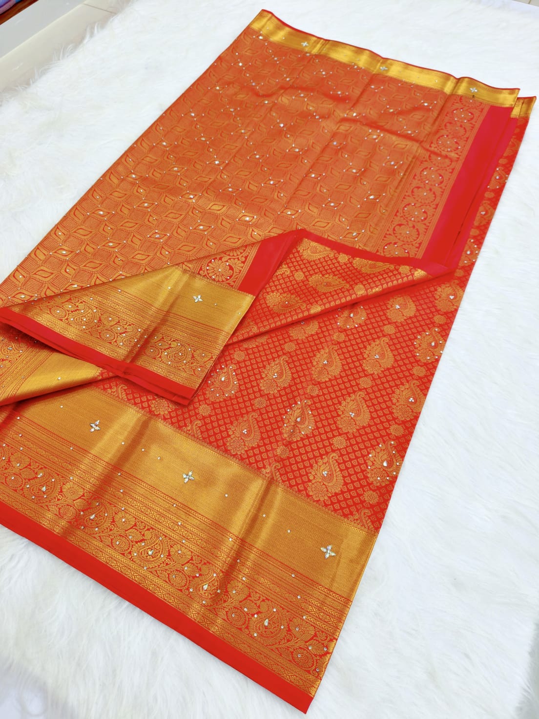 Kanchi HandStone Work Pure Red Semi Pattu Sarees