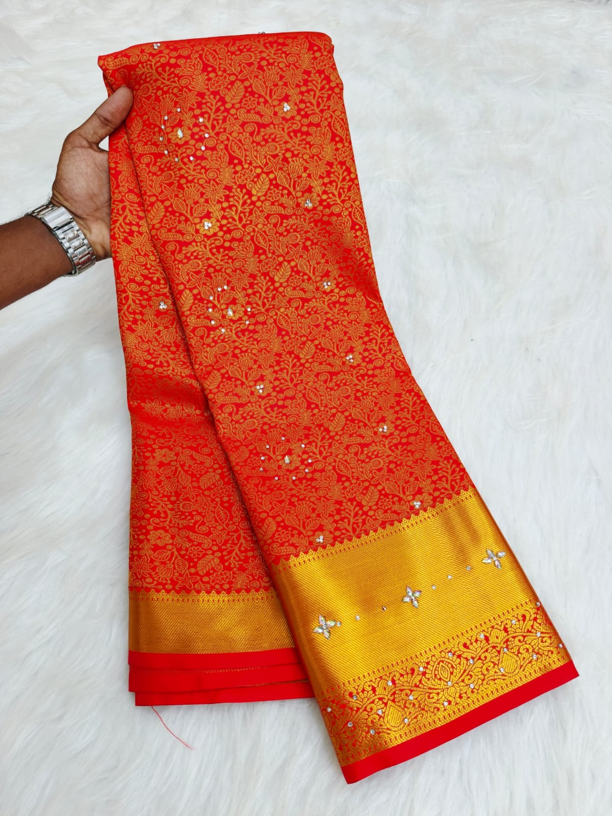 Kanchi HandStone Work Pure Red Semi Pattu Sarees