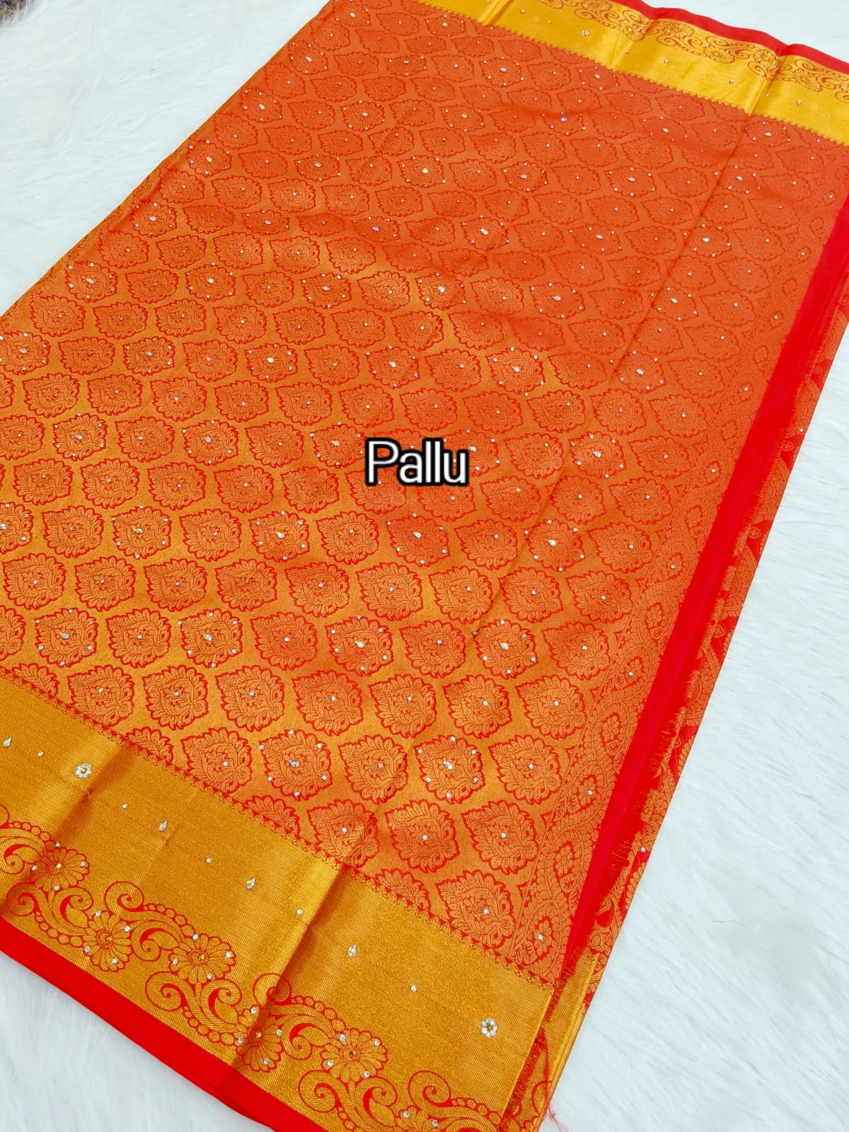 Kanchi HandStone Work Pure Red Semi Pattu Sarees