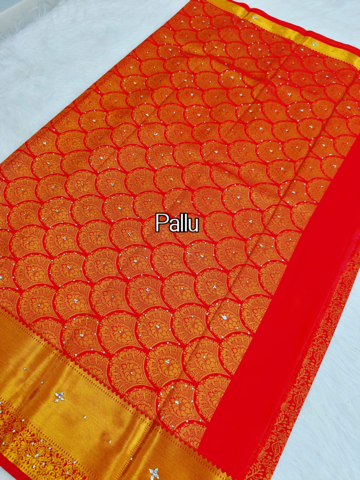 Kanchi HandStone Work Pure Red Semi Pattu Sarees