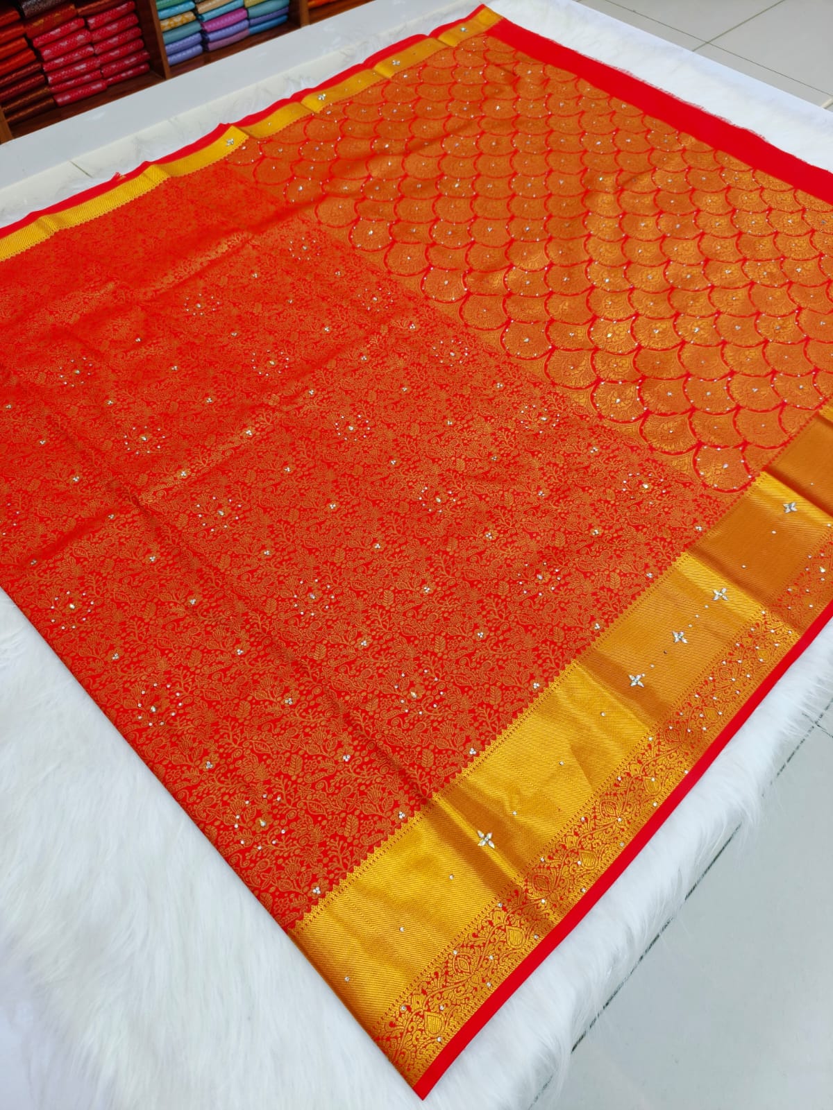 Kanchi HandStone Work Pure Red Semi Pattu Sarees