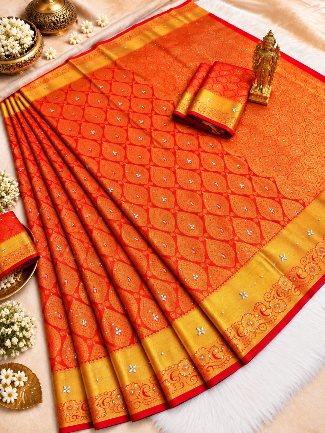 Kanchi HandStone Work Pure Red Semi Pattu Sarees