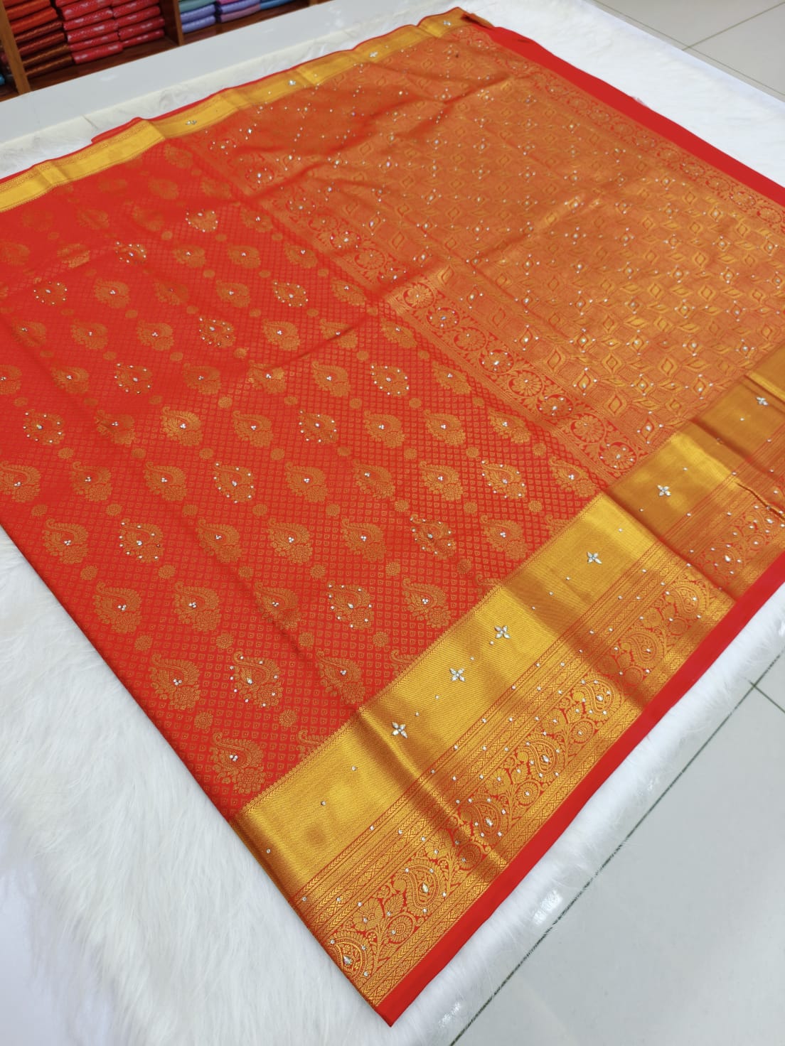 Kanchi HandStone Work Pure Red Semi Pattu Sarees