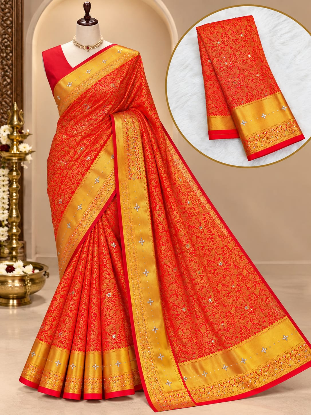 Kanchi HandStone Work Pure Red Semi Pattu Sarees