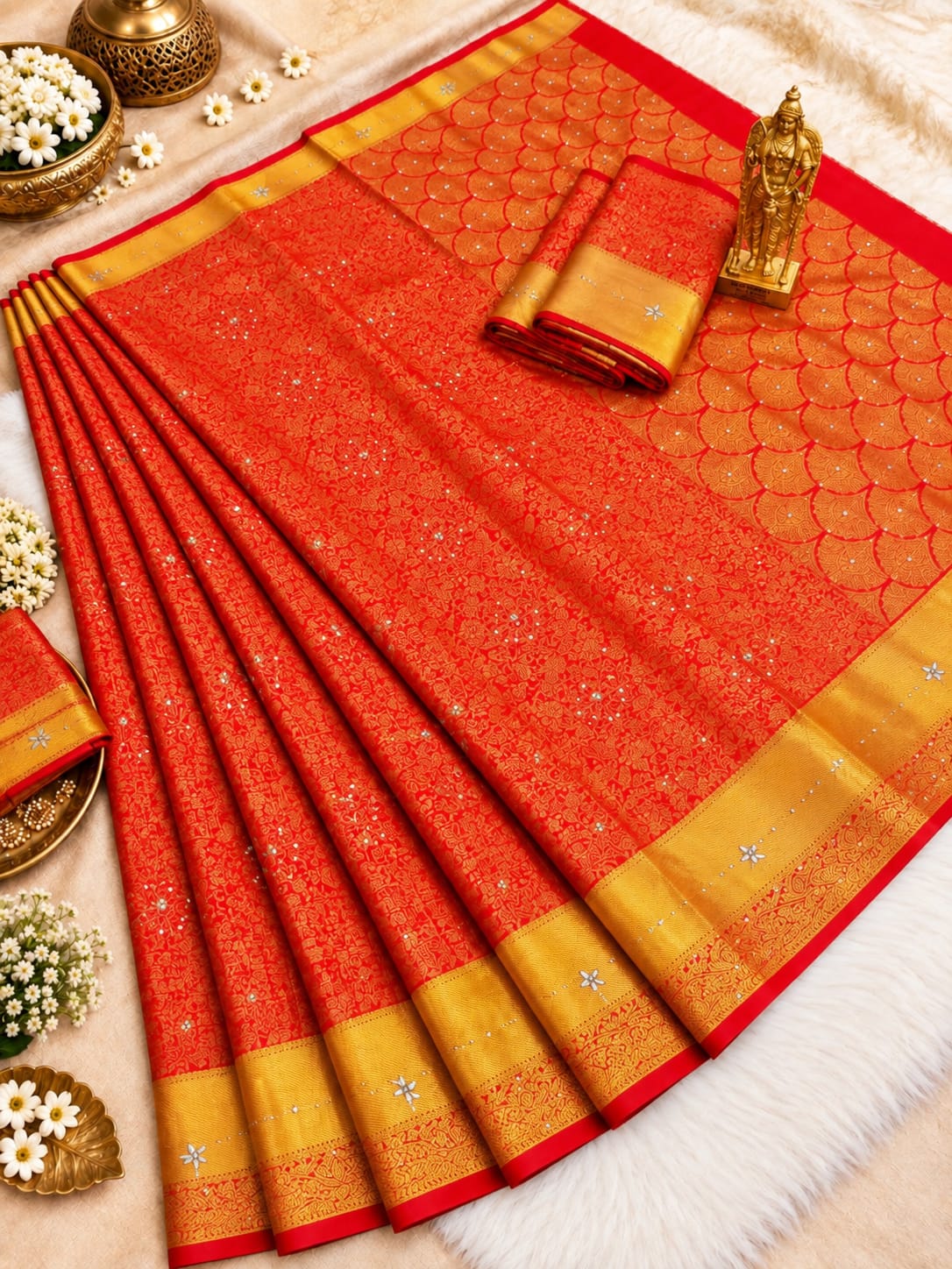 Kanchi HandStone Work Pure Red Semi Pattu Sarees