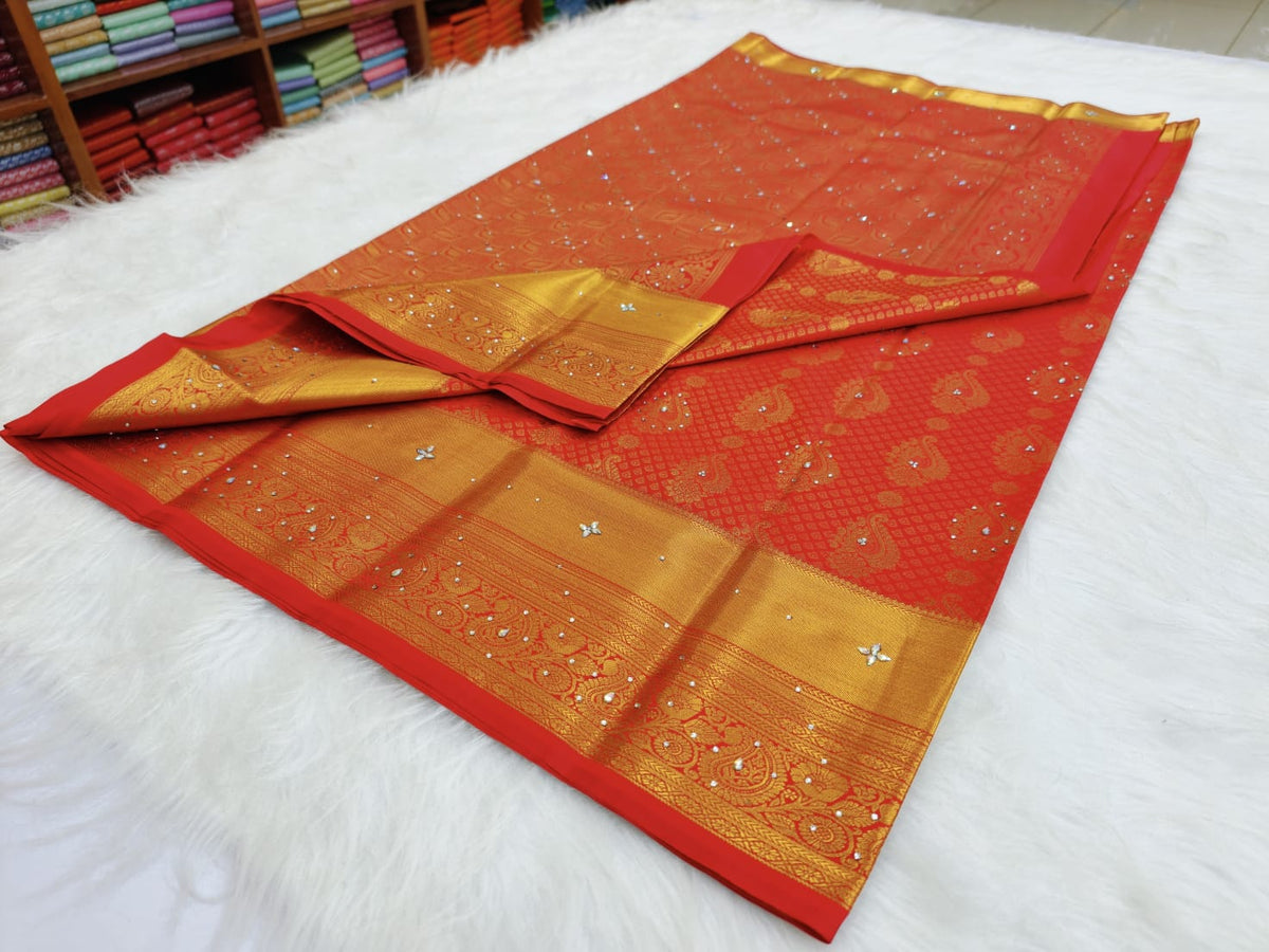 Kanchi HandStone Work Pure Red Semi Pattu Sarees