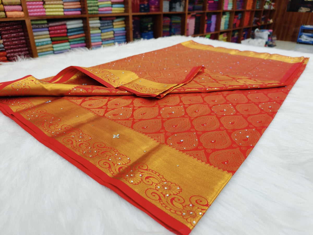 Kanchi HandStone Work Pure Red Semi Pattu Sarees