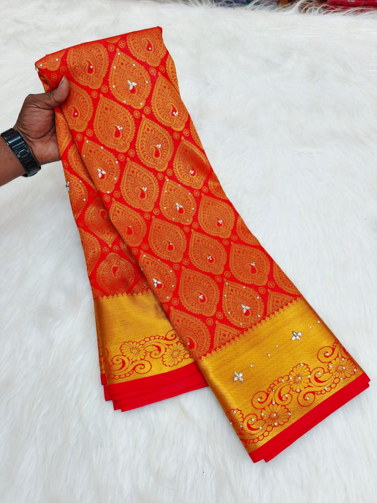 Kanchi HandStone Work Pure Red Semi Pattu Sarees
