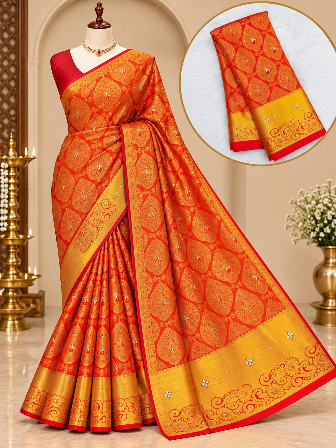 Kanchi HandStone Work Pure Red Semi Pattu Sarees