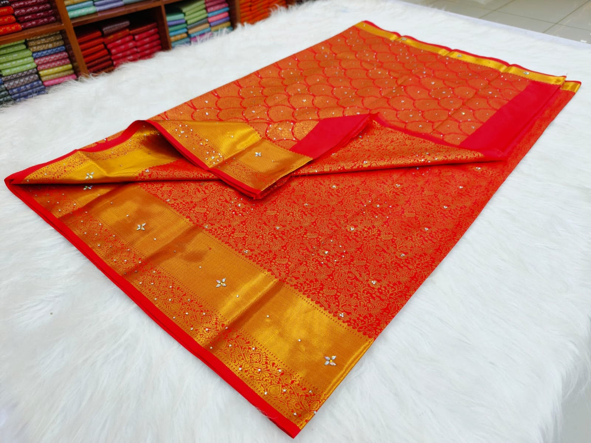 Kanchi HandStone Work Pure Red Semi Pattu Sarees