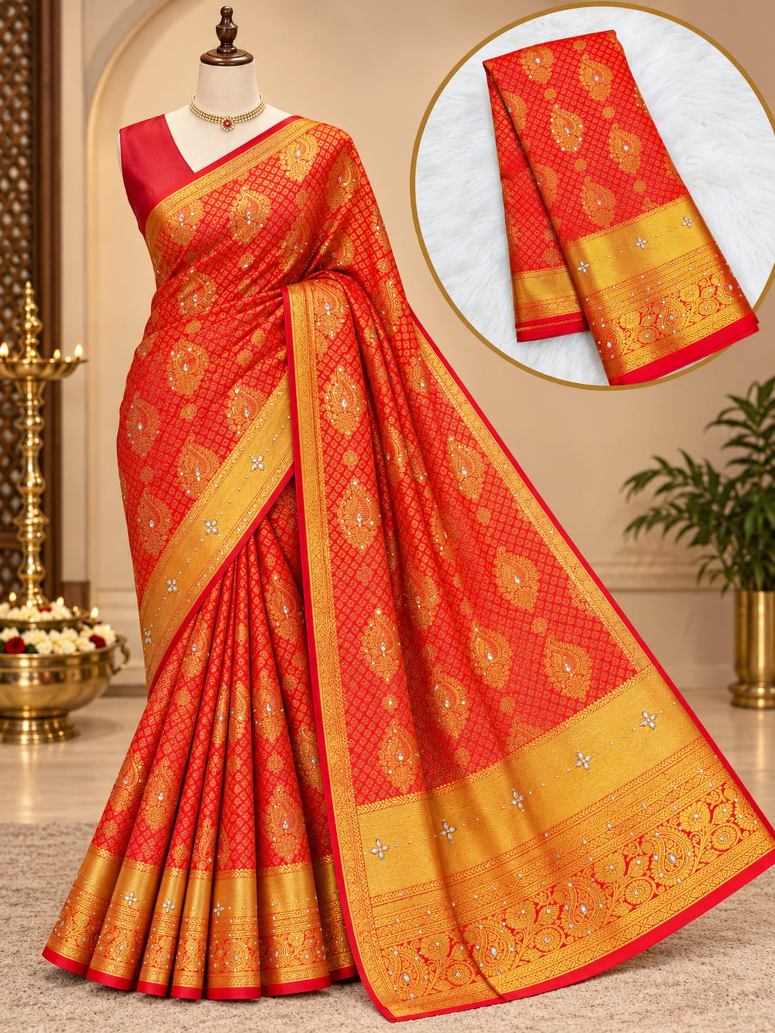 Kanchi HandStone Work Pure Red Semi Pattu Sarees