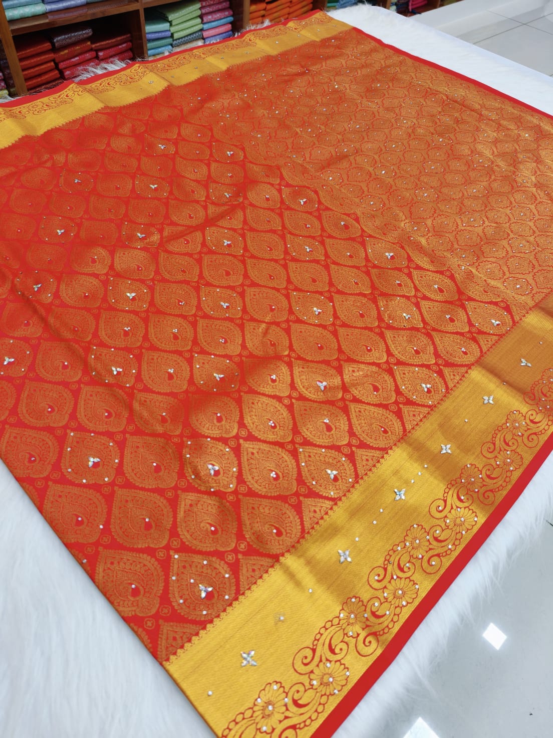 Kanchi HandStone Work Pure Red Semi Pattu Sarees