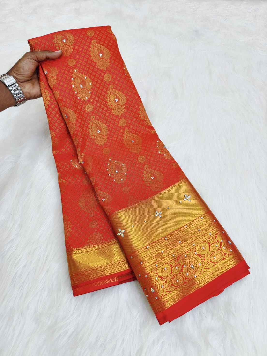 Kanchi HandStone Work Pure Red Semi Pattu Sarees