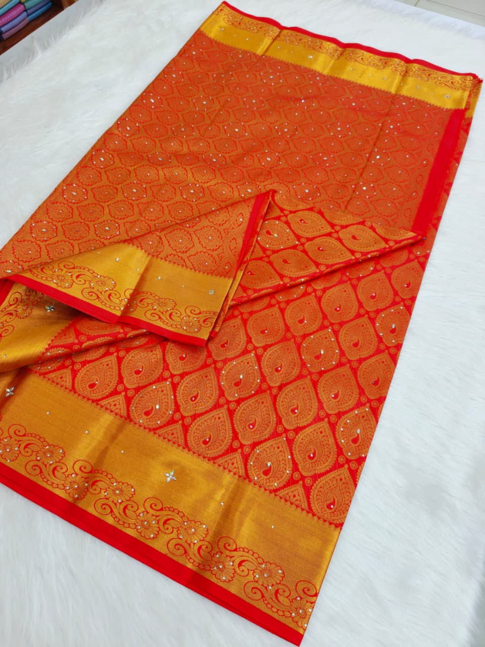Kanchi HandStone Work Pure Red Semi Pattu Sarees